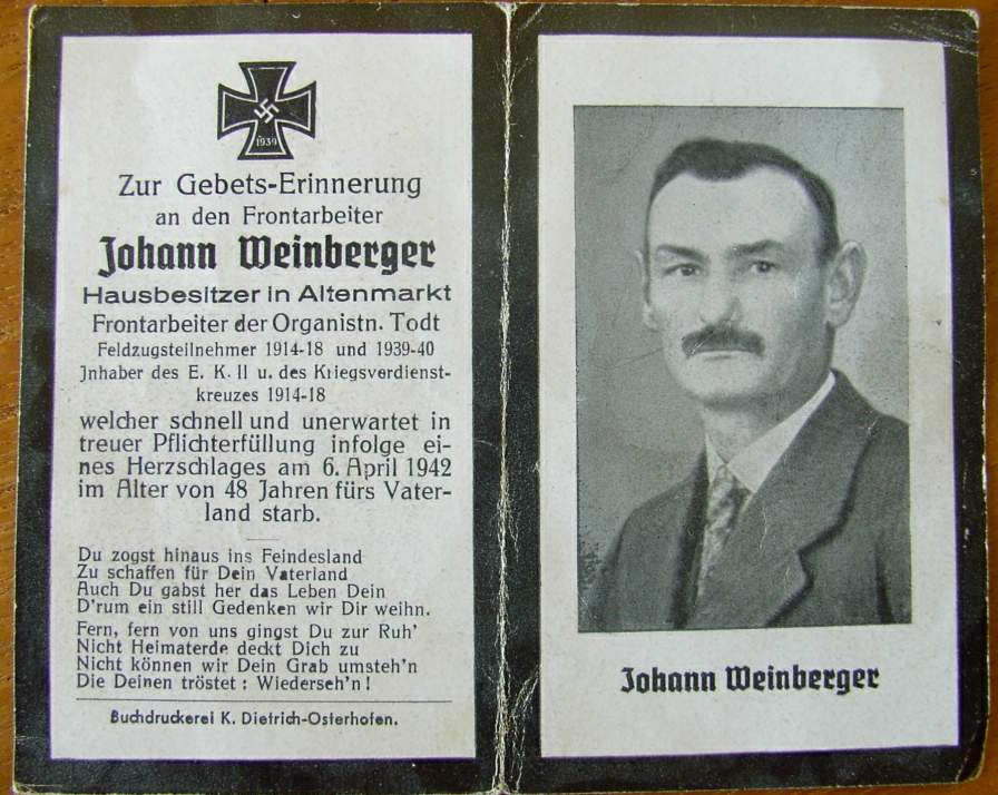 Photo Death card : Johann Weinberger - 6 april 1942