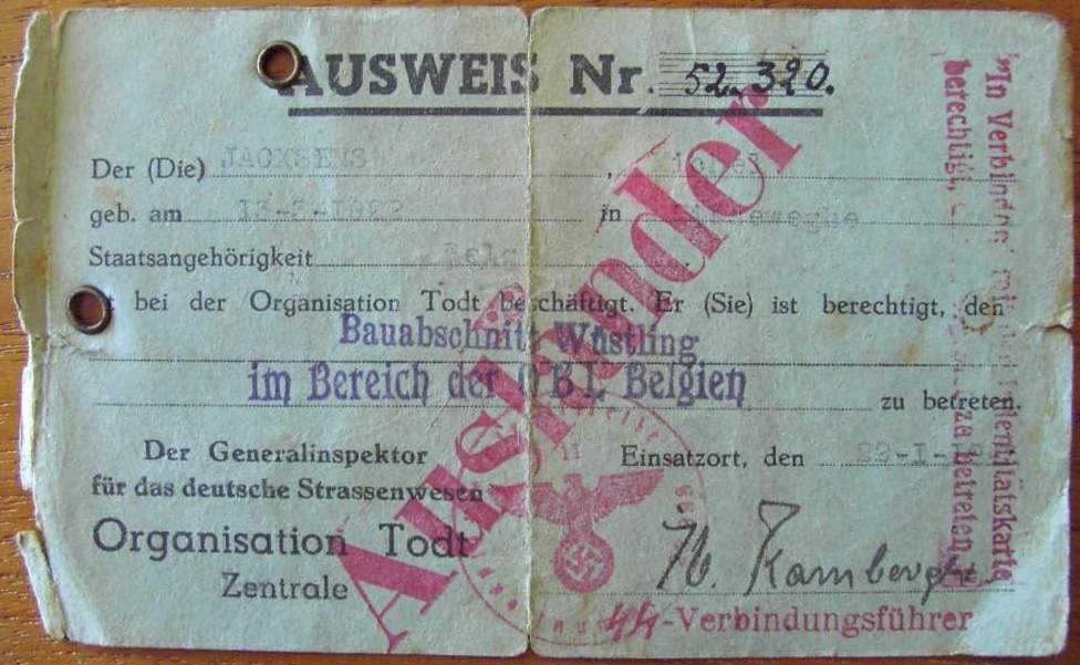Photo Ausweis Nr. 52.320 + Arbeitsausweis of Michel Jacxsens - Lissewege - Organisation Todt