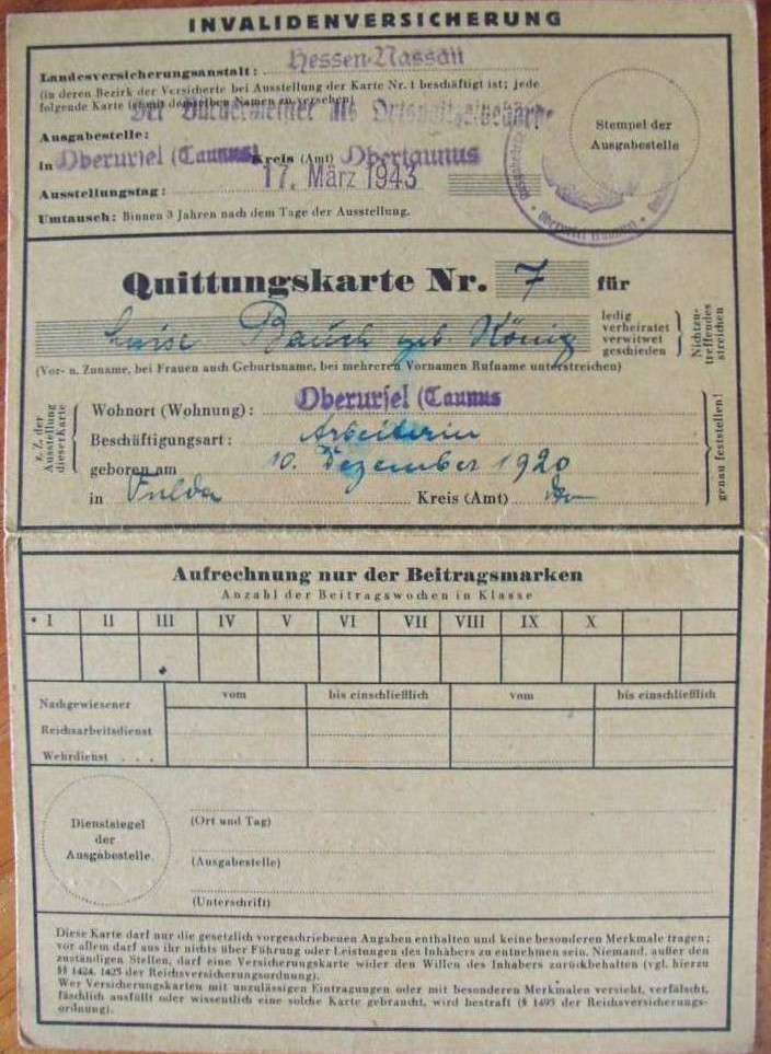 Photo Quittungskarte Nr. 7 - Luise Bauch