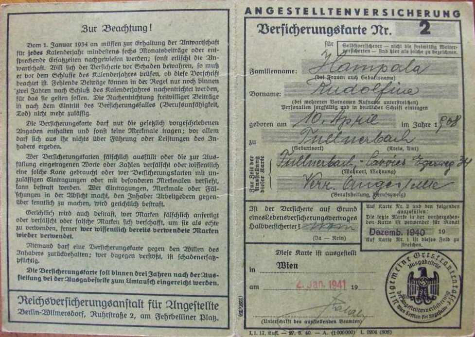 Photo Angestelltenversicherung Versicherungskarte Nr. 2 - Rudolfine Hampala