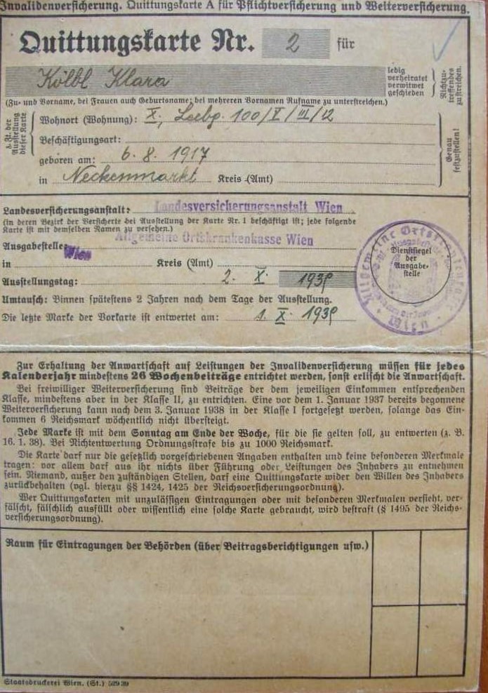 Photo Quittungskarte Nr. 2 - Klara Kölbl