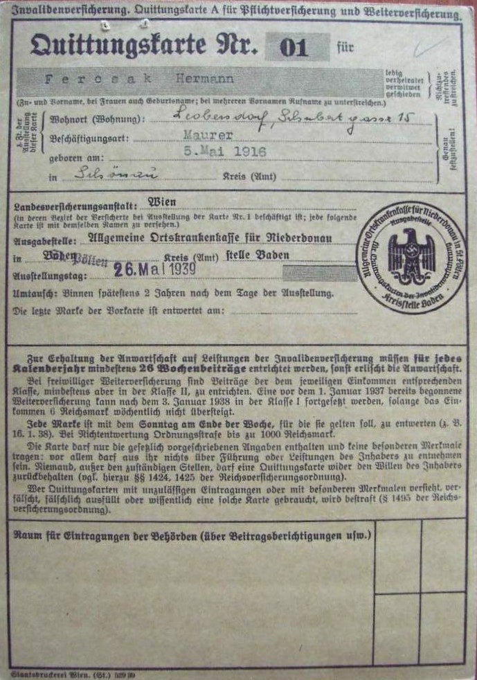 Photo Quittungskarte Nr. 01 - Hermann Ferosak