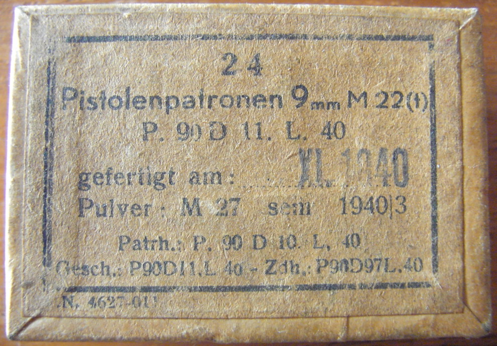 Photo Ammo box - 24 Pistolenpatronen 9mm M22(t) - P.90 D 11.L.40 - EMPTY!