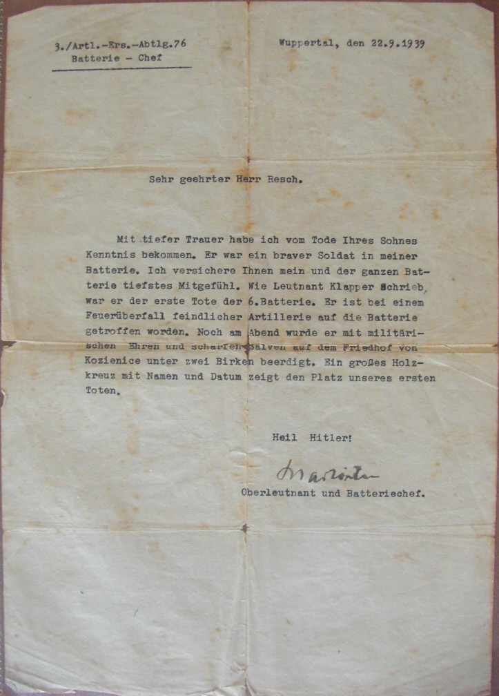 Photo Death notice - 3./Artl.-Ers.-Abtlg.76 - Wuppertal, den 22.9.1939