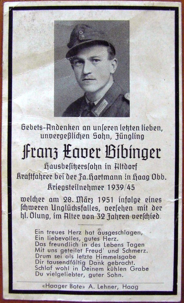 Photo Death card : Franz Xaver Bibinger