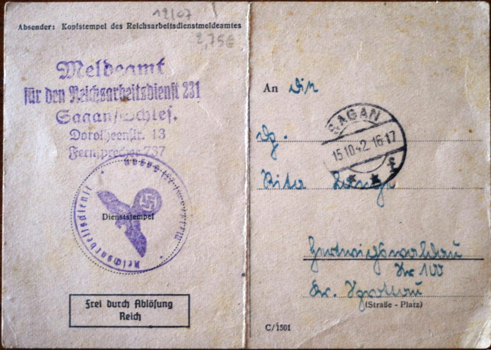 Photo Postcard : RAD - Der Reichsarbeitsdienstpflichtige Rita Lang wird zum Reichsarbeitsdienst nicht mehr herangezogen