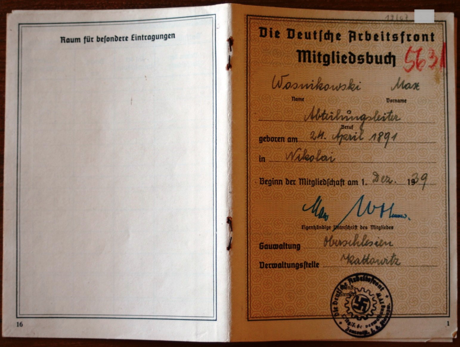 Photo DAF Mitgliedsbuch - Max Wasnikowski