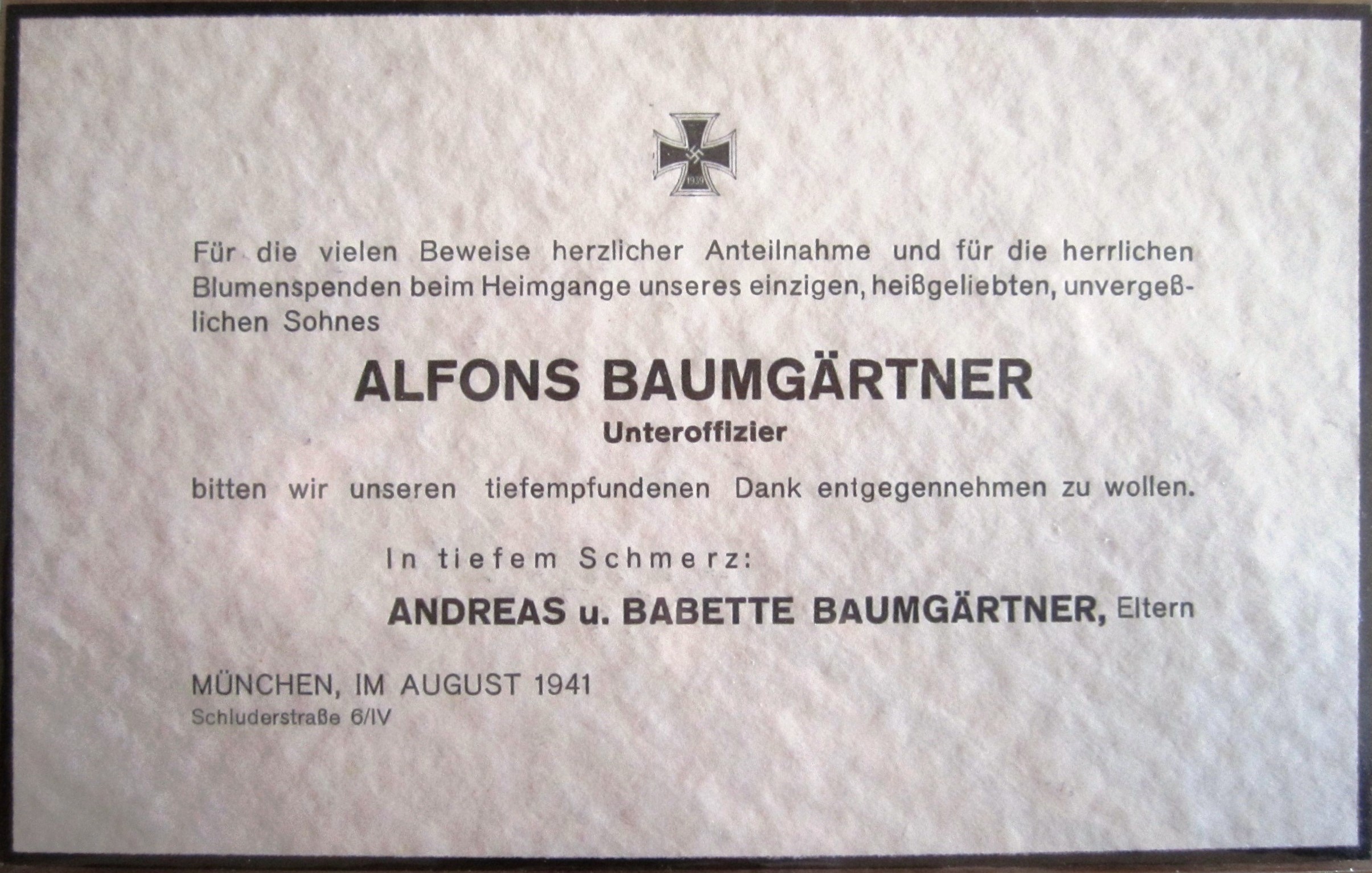 Photo Death card : Alfons Baumgärtner