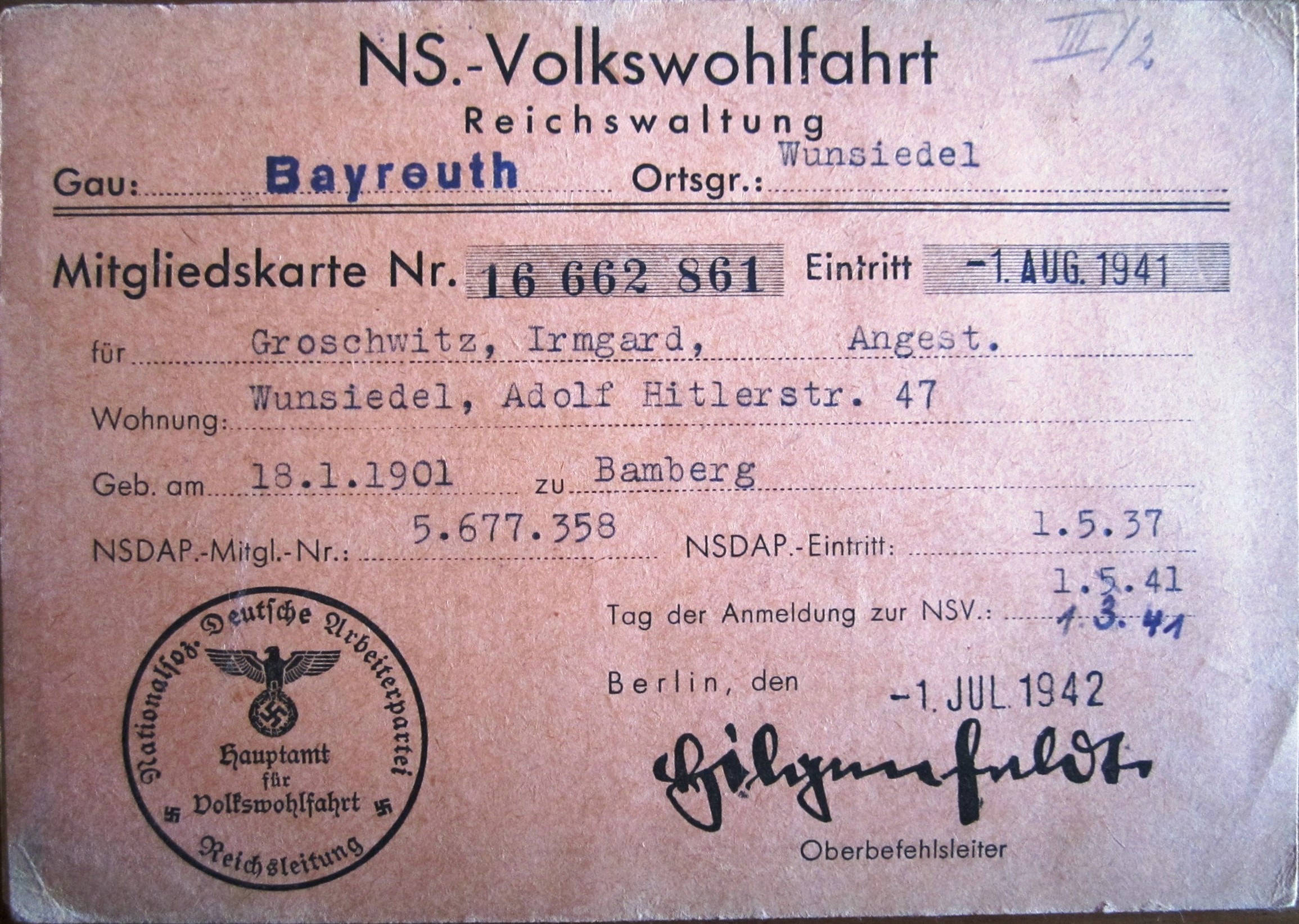 Photo NS.-Volkswohlfahrt - Reichswaltung - Gau : Bayreuth - Ortsgruppe : Wunsiedel