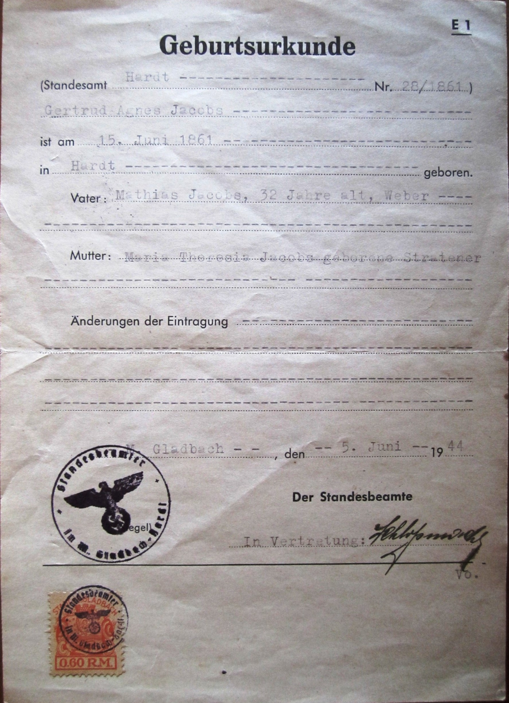 Photo Geburtsurkunde - Standesamt Hardt Nr.28/1861 - Gertrud Agnes Jacobs