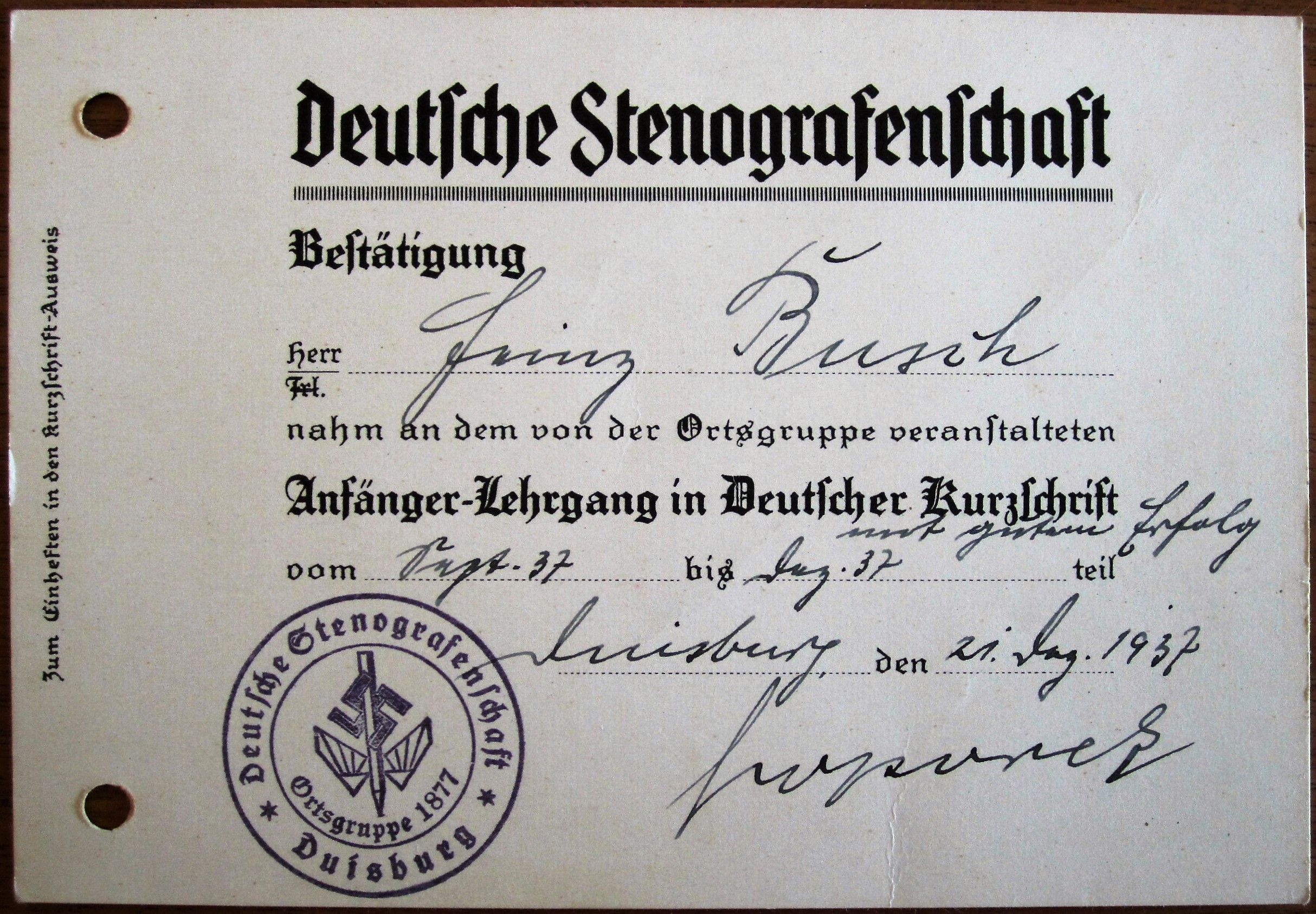 Photo Deutsche Stenografenschaft - Bestätigung - Anfänger-Lehrgang in Deutscher Kurzschrift - 1937