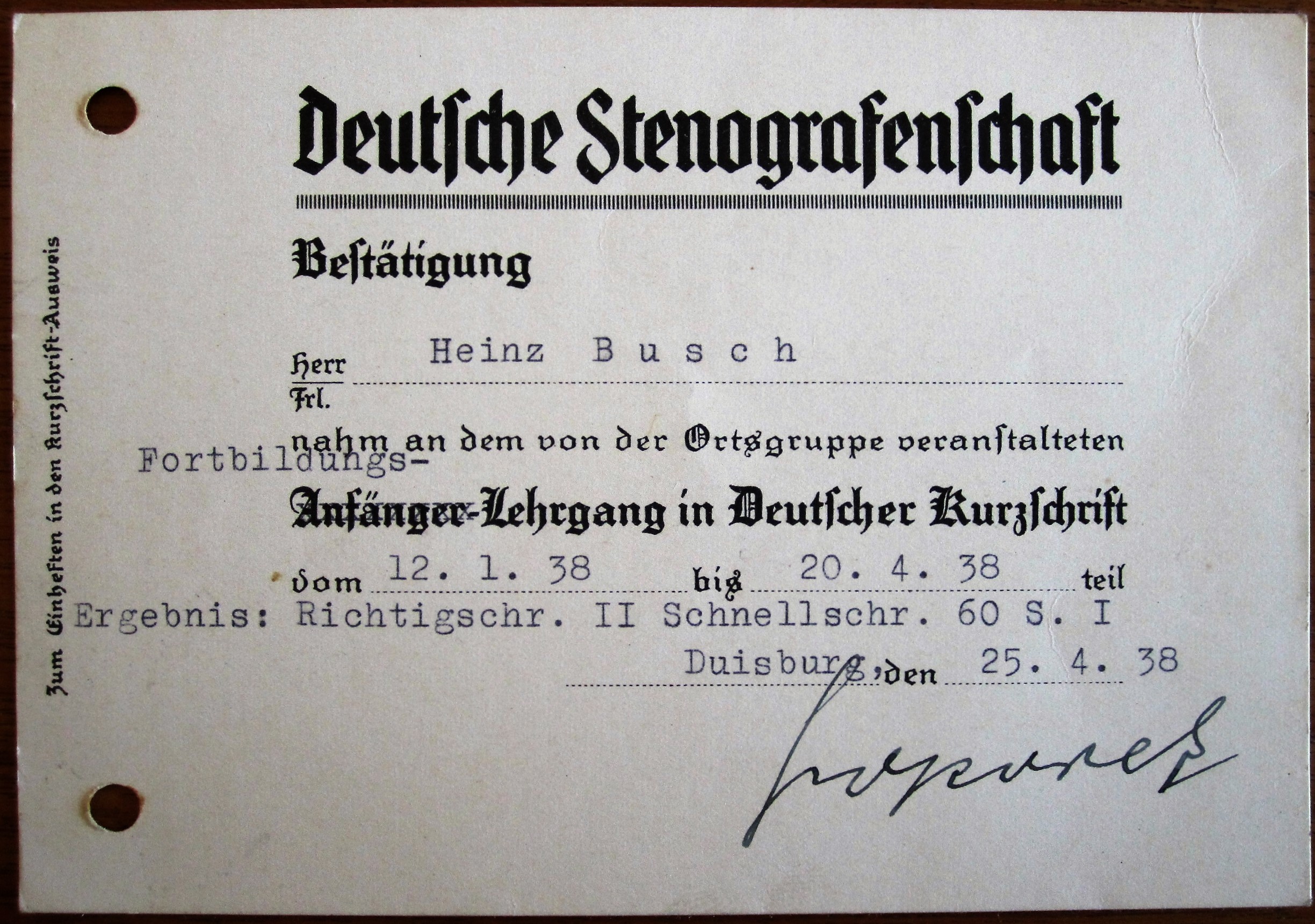 Photo Deutsche Stenografenschaft - Bestätigung - Lehrgang in Deutscher Kurzschrift - 1938