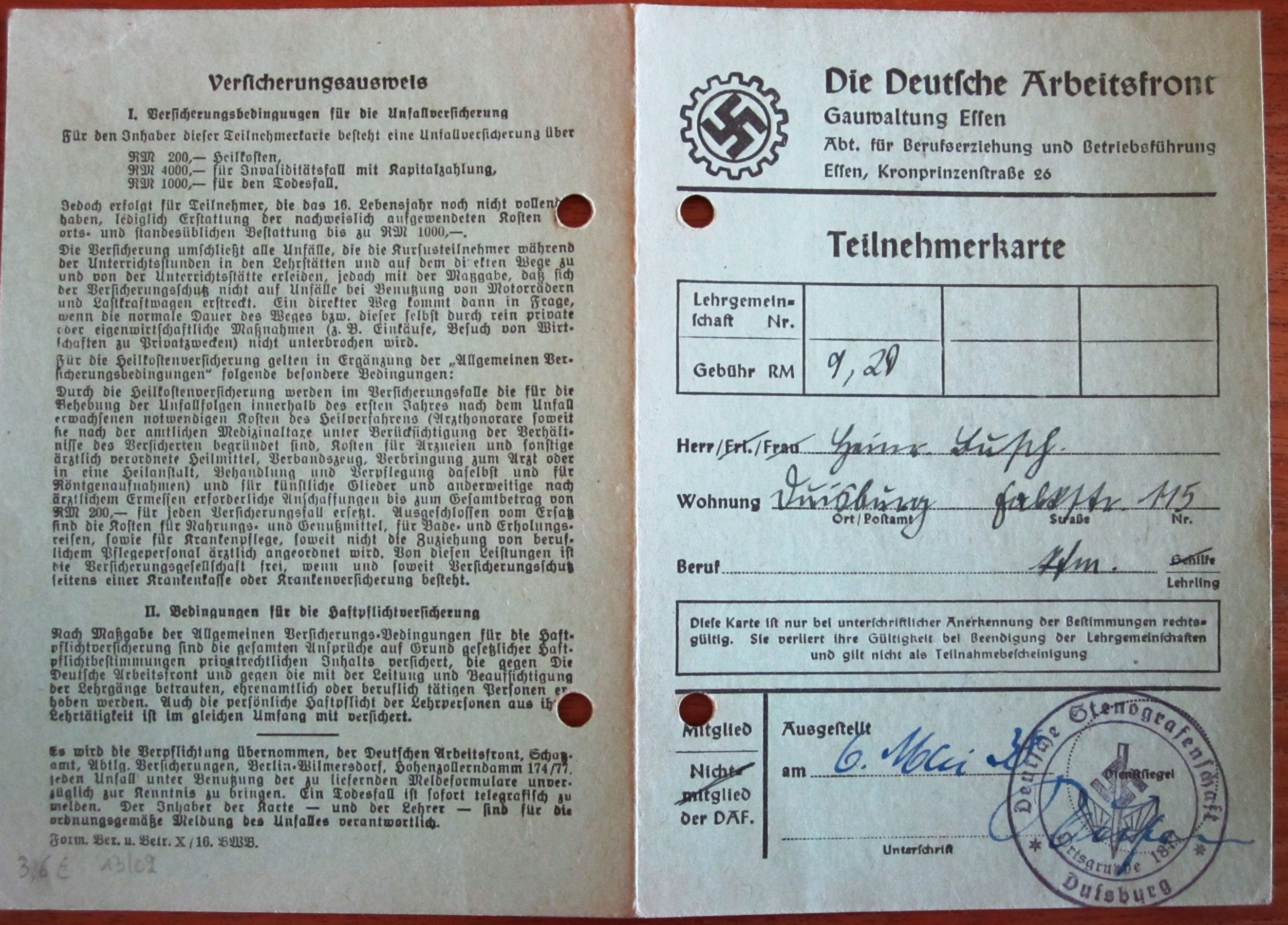 Photo Teilnehmerkarte DAF - Gauwaltung Essen