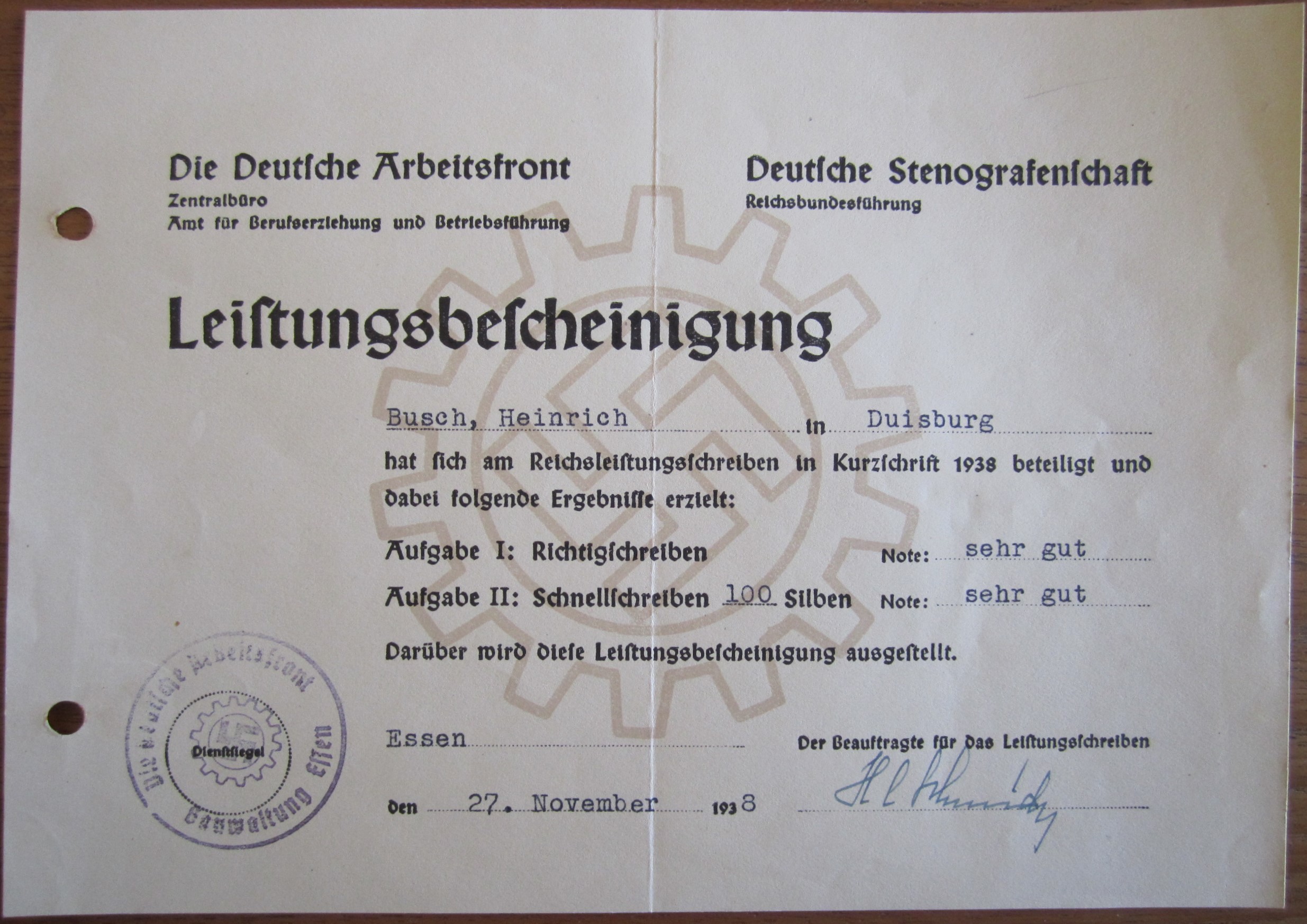 Photo Deutsche Stenografenschaft - Leistungsbescheinigung - 1938
