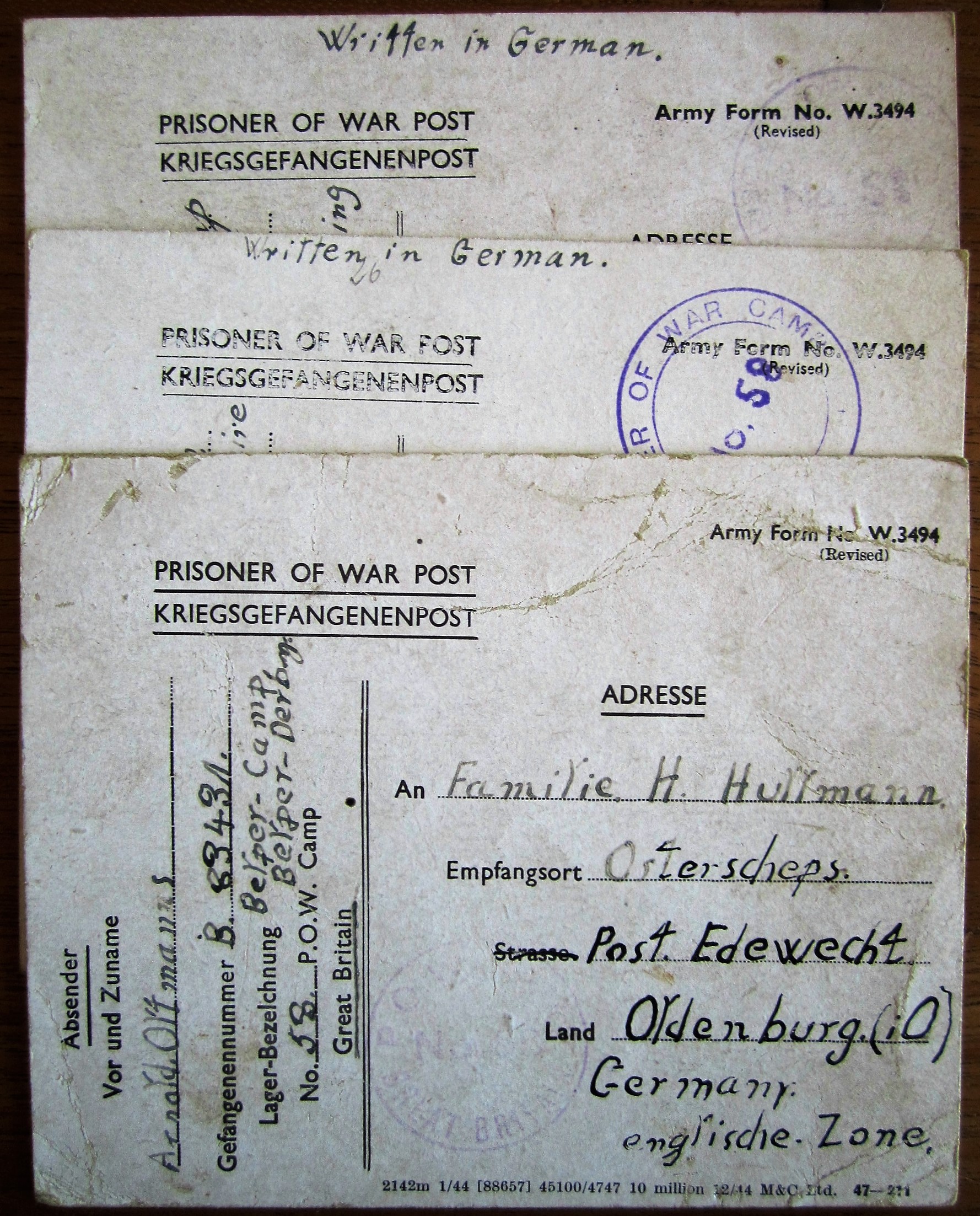 Photo Prisoner of war post - Kriegsgefangenenpost - Army Form No. W.3494 / W. 3493 - Familie Hullmann - Oldenburg - British zone