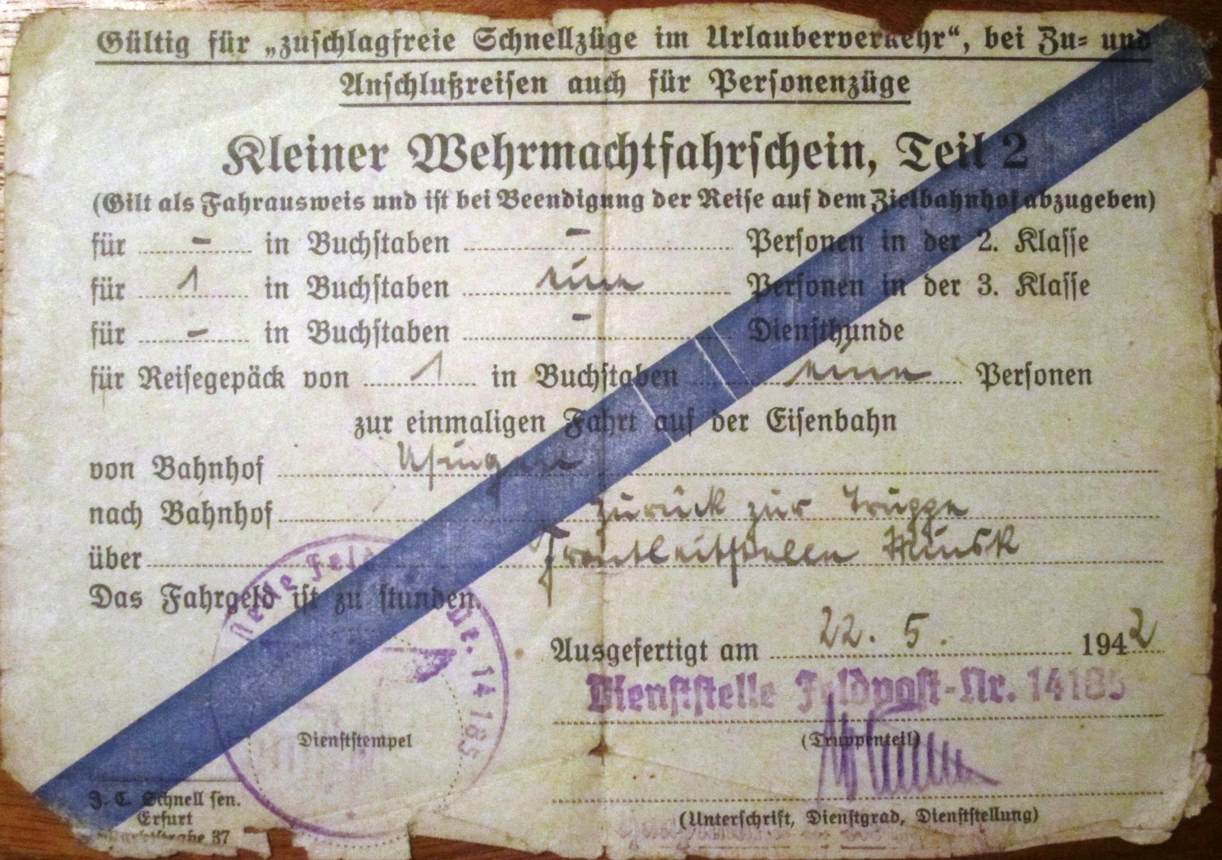 Photo Kleiner Wehrmachtfahrschein, Teil 2 - 22. Mai 1942 - Dienststelle Feldpost Nr. 14185