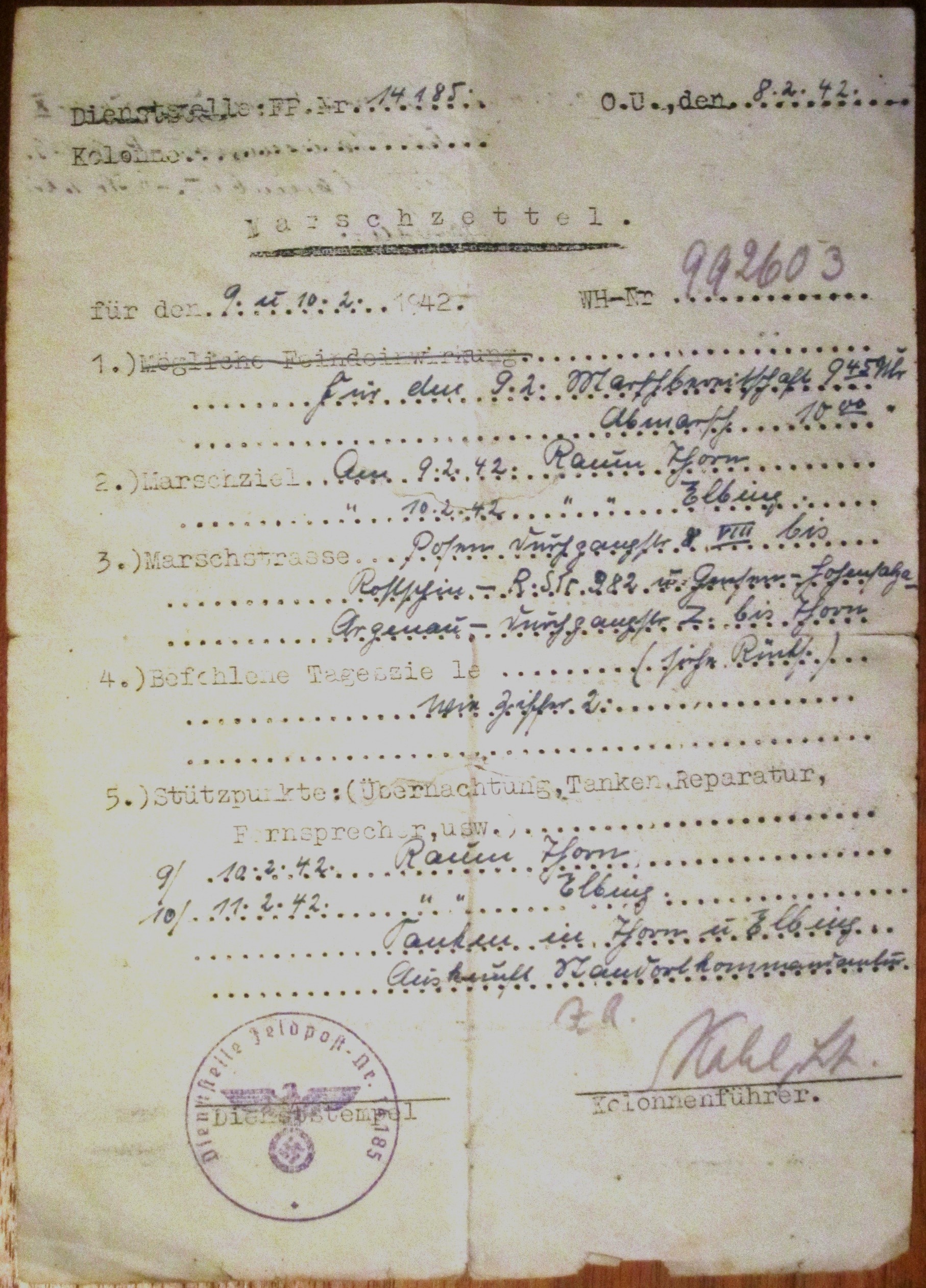 Photo Marschzettel - Dienststelle Felpostnummer Nr. 14185 - Februar + Marz 1942 - 9 pieces